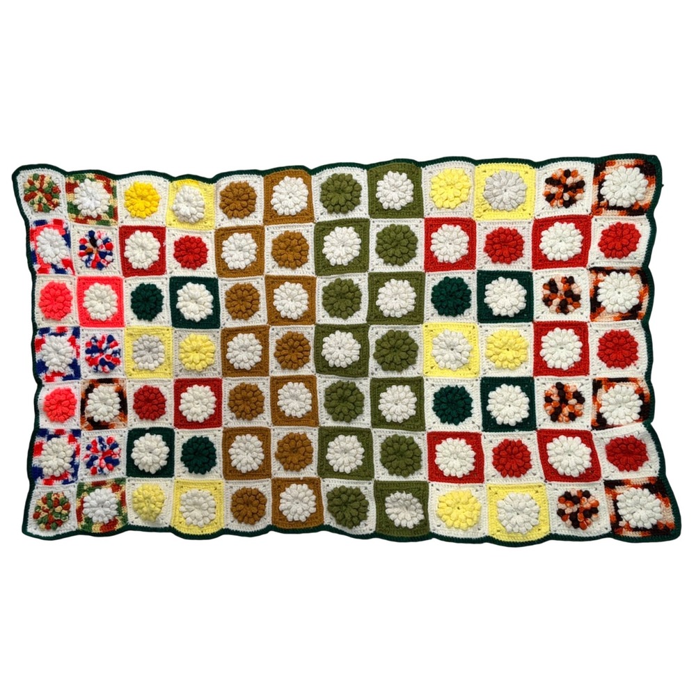 Handmade Crochet Granny Square‎ Floral Popcorn Stitch Afghan Blanket 32x51